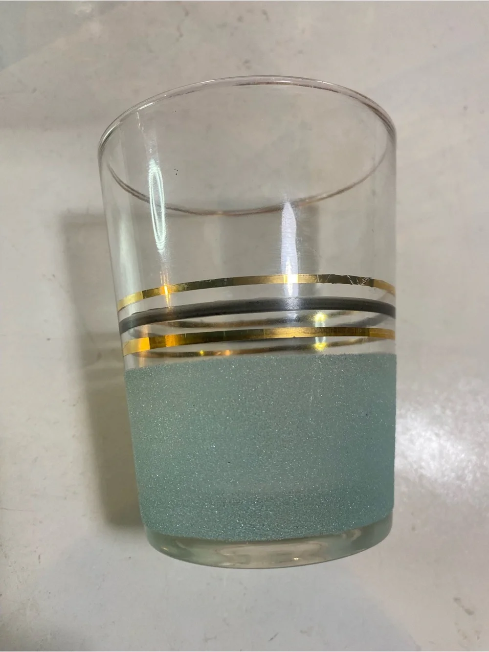 Set of 4 Vintage Mint Green Sugar Frosted Banded Glass Tumblers 4.5” Height